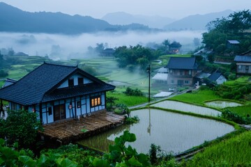 Fototapeta premium Luxurious House Surrounded by Lush Green Rice Fields and Serene Waters with Mountains in the Fog