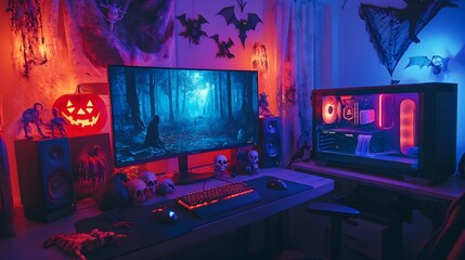 A cozy gaming setup for Halloween, with a gaming monitor displaying a festive, spooky game scene featuring haunted forests and monster characters. The room is decorated with Halloween props 
