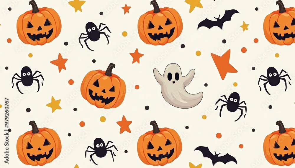 Poster  Spooky Halloween Pumpkin and Ghost Pattern