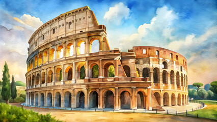 Fototapeta premium Watercolor painting capturing the iconic Colosseum in Rome, watercolor, painting, Colosseum, Rome, Italy, architecture, landmark