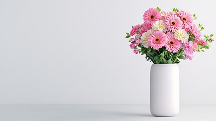 Fototapeta premium Pink gerbera daisies in a white vase bring a pop of cheerful color to a minimalist background.