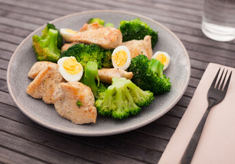 Chicken breast with broccoli and quail eggs on plate for healthy dinner