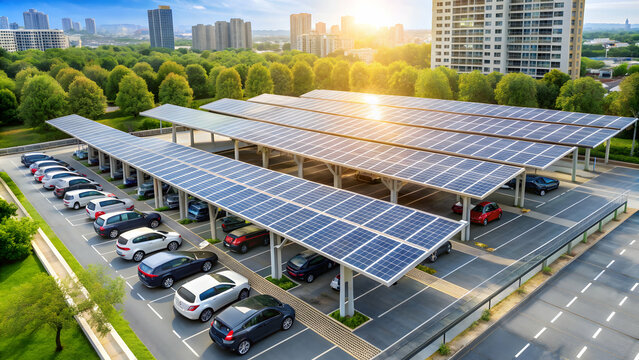 Solar panels installed over parking lot with parked cars for effective generation of clean energy