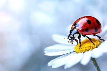 Fototapeta premium Macro Close-up of a Ladybug on a White Chamomile Flower with Soft Blurred Background