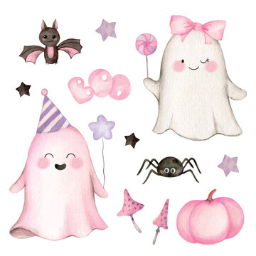 Set of watercolor vector Halloween ghost. Cute haracter. Cliparts for baby shower, greeting cards, happy holiday poster, party invitations. Hand painted illustration.