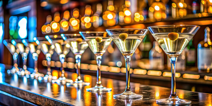 Martini glasses lined up on a bar counter, cocktail, drink, bar, nightlife, alcohol, glassware, elegant, celebration, party