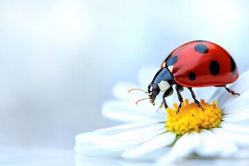 Obraz premium Macro Close-up of a Ladybug on a White Chamomile Flower with Soft Blurred Background