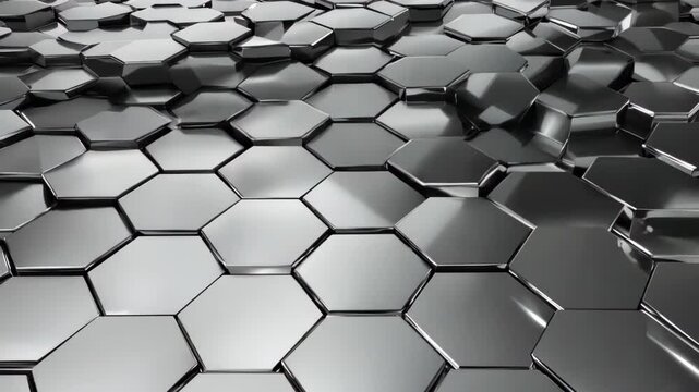 stock a striking abstract background of metallic hexagonal shapes. 3D hexagons create depth with reflective surfaces, ideal for tech themes or branding.