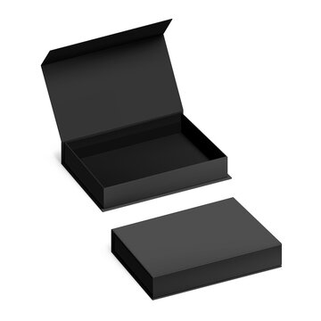 Black box with magnetic close. Illustration isolated on white background. Taking your 2D designs into 3D. Can be use for gift box, luxury, cosmetics, electronics and other goods. EPS10.