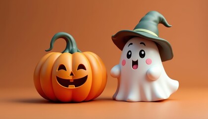  Halloween spirit with a friendly ghost and a carved pumpkin