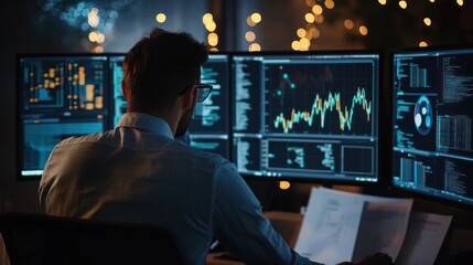 A business analytics engineer analyzing large datasets on a multi-monitor setup, with graphs and predictive models displayed, surrounded by technical and business documents