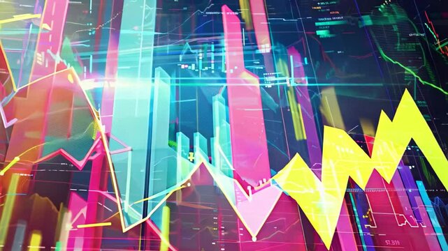 vibrant digital abstract features dynamic financial data visualizations with colorful intersecting graph lines and candlestick patterns, perfect for presentations on market trends and analysis.