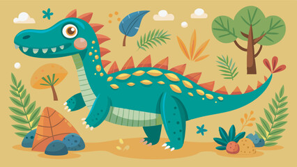 A cute green baby dinosaur with spiky elements and big eyes stands in a cartoonish style. It is surrounded by colorful plants and rocks in a stylized, flat illustration on a golden ground