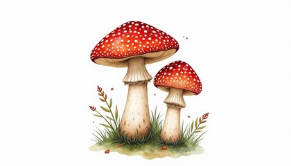  Delicate beauty of nature  A pair of vibrant red and white mushrooms