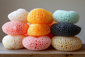 Colorful sponges stacked for a vibrant and relaxing bath experience