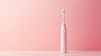 A white electric toothbrush stands out against a pink backdrop.  There's plenty of space to add a message about taking care of your teeth.