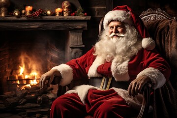 Santa Claus relaxing by a cozy fireplace during a festive Christmas celebration