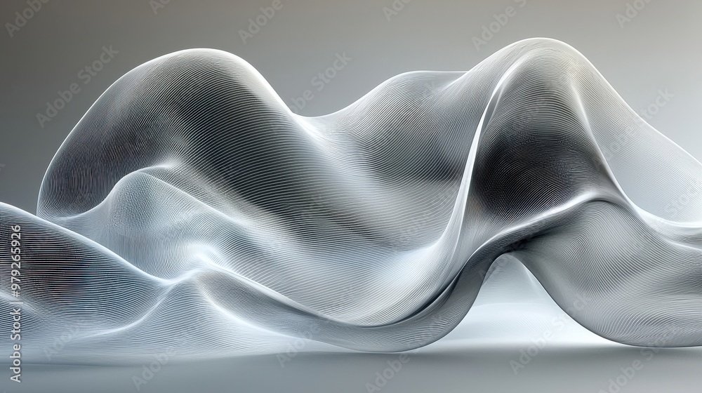 Poster abstract representation of flowing lines creating a dynamic wave-like form in soft shades on a smoot
