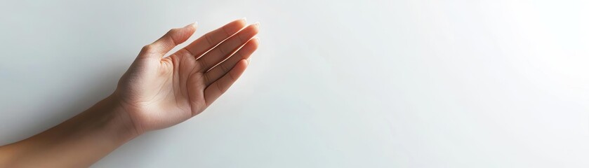 A close-up view of a human hand reaching out, symbolizing connection, invitation, and openness against a minimalistic background.