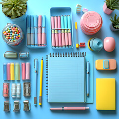 A flat lay of office supplies on a pastel background, including pens, notebooks 