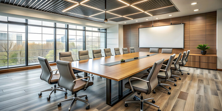 Empty meeting room with long conference table, chairs, and blank whiteboard , vacant, office space, corporate