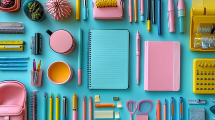 Fototapeta premium A flat lay of office supplies on a pastel background, including pens, notebooks 
