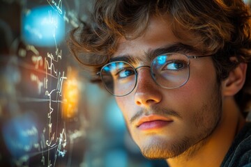 Thoughtful young man with glasses reflecting equations in a classroom