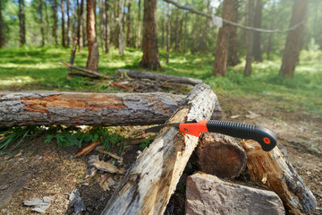 Naklejka premium hand saw on wild camping
