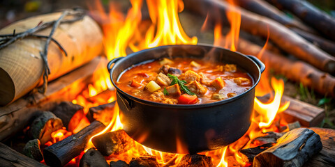 Campfire feast hearty stew simmering over open flames, campfire, feast, stew, cooking, open flames