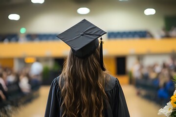 Graduate student in cap and gown, back view, looking toward the future, with blurred background of classmates and graduation ceremony.