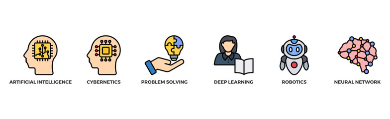 AI banner web icon illustration concept of artificial intelligence with icon of cybernetics, problem solving, deep learning, machine learning, robotics and neural network