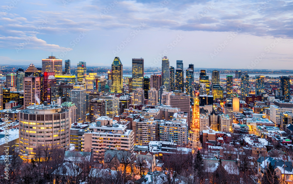 Wall mural Montreal city downtown skyline in the winter evening light, Canada