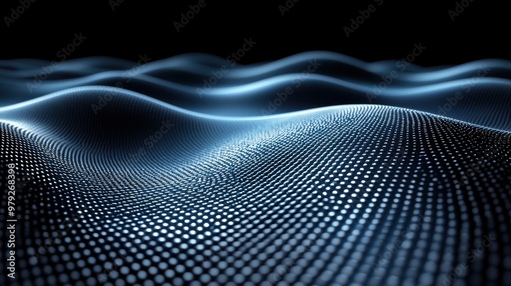 Poster abstract surface with illuminated dots creating a wavy pattern in a dark setting