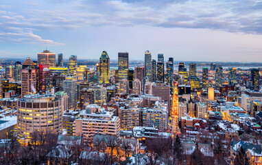 Montreal city downtown skyline in the winter evening light, Canada