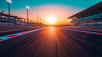 Fototapeta premium Wide-angle sunset view of Yas Marina Circuit, with empty track, glowing racing lights, and marina yachts visible in the background, capturing the calm atmosphere of a famous motorsport venue