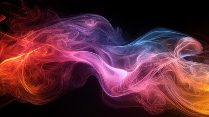 Fototapeta premium Colorful swirling smoke patterns in vibrant hues of pink, orange, and blue against a dark background, creating a mesmerizing visual display