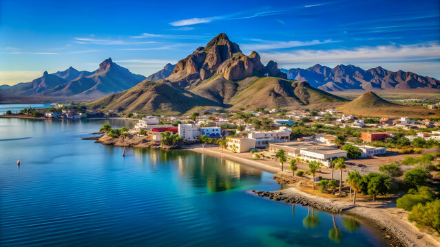 Scenic coastal town of San Carlos Nuevo Guaymas with rocky mountains and clear blue waters, Mexico