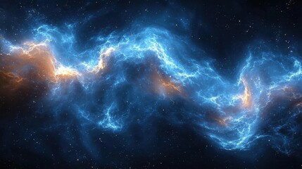 A vibrant display of cosmic gas and dust swirling in deep space against a backdrop of distant stars and galaxies in vast darkness