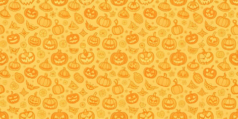 Light orange cute Halloween seamless pattern, pumpkin, ghost, bat, spider, candy, cat, witch hat, broom, moon, stars