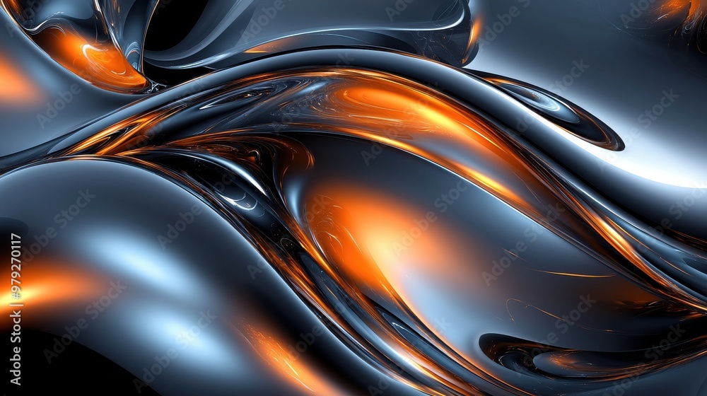 Poster abstract swirling patterns in metallic black and orange tones create a dynamic visual effect in a co