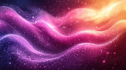 Vibrant waves of color and light create a cosmic background filled with stars, representing an otherworldly universe at dusk