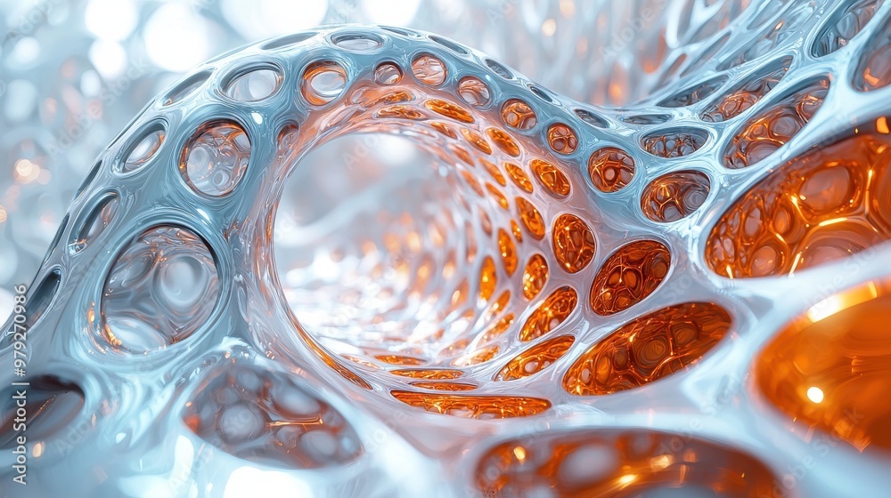 Poster intricate pattern of orange and silver tubes creating a mesmerizing visual in a fluid abstract desig