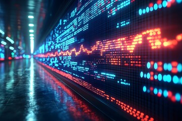 Fototapeta premium neon green and blue stock market rates at the black screen, digital arrow come out from it. real-time stock price movement, currency exchange rate fluctuations, currency stock and investment economy