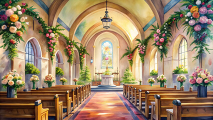 Obraz premium Watercolor painting of a church interior adorned with floral decorations perfect for weddings and religious settings