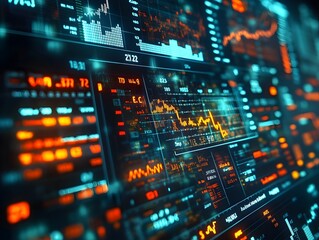 Naklejka premium neon green and blue stock market rates at the black screen, digital arrow come out from it. real-time stock price movement, currency exchange rate fluctuations, currency stock and investment economy