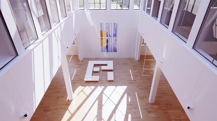 Top-down view of a minimalist modern art gallery with white walls and a single artwork displayed in...