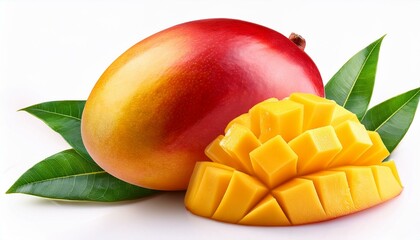 Fototapeta premium Whole mango and slices cut with leaves isolated on white background