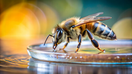 Bee drinking water from a small container , bee, insect, nature, wildlife, drinking, water, container, refreshment