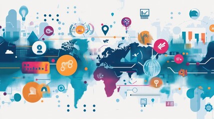 A digital illustration representing business development strategies, with icons symbolizing partnerships, growth, and innovation, surrounded by global market symbols