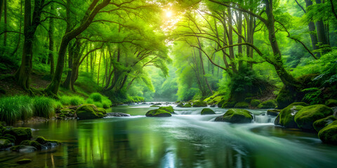 Obraz premium Water flowing peacefully through lush green forest, nature, stream, river, tranquil, serene, foliage, trees, peaceful